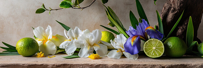  Iris Flowers and Limes on white table background, Floral arrangement and Citrus accents  Product photography scene, fresh and warm light background