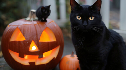 Medium close-up of a black cat with glowing eyes sitting next to a lit jack-o'-lantern.
