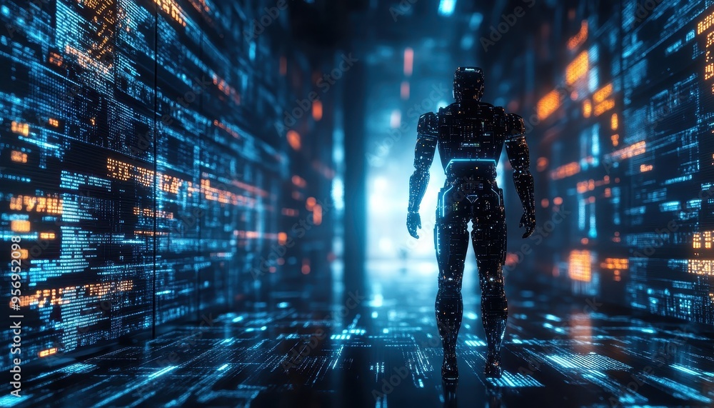 Poster futuristic robotic figure surrounded by holographic data and code in a digital landscape