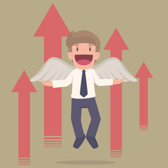 Businessman flying with wings up to sky like a growing business .illustration Vector