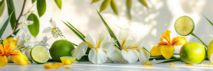  Iris Flowers and Limes on white table background, Floral arrangement and Citrus accents  Product photography scene, fresh and warm light background