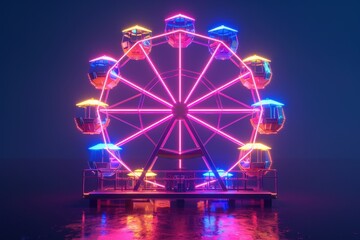 A Ferris wheel illuminated with neon lights