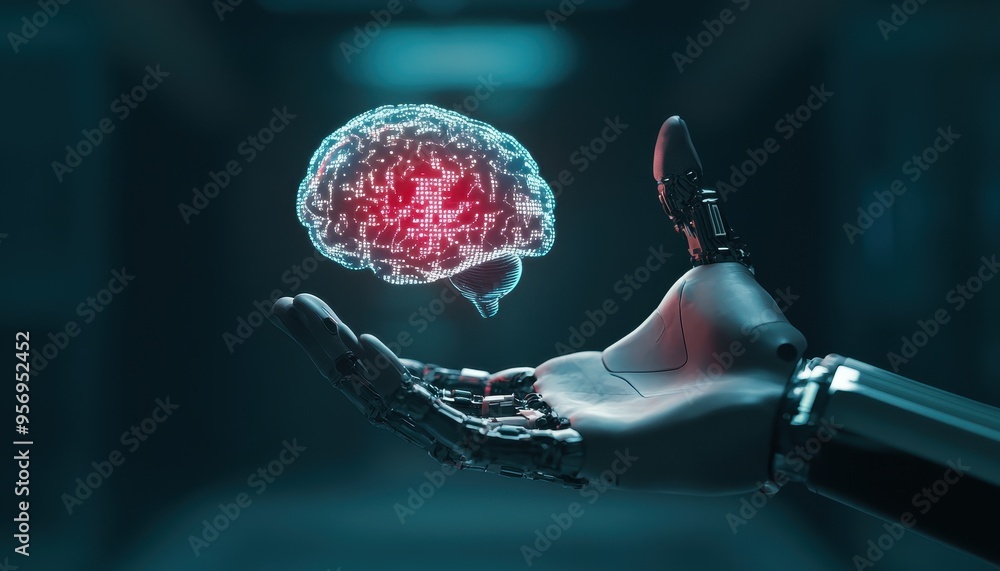 Aufkleber futuristic robotic hand projecting digital brain code - ai and innovation concept