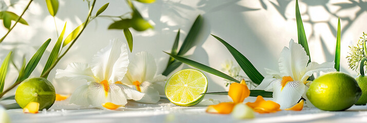  Iris Flowers and Limes on white table background, Floral arrangement and Citrus accents  Product photography scene, fresh and warm light background