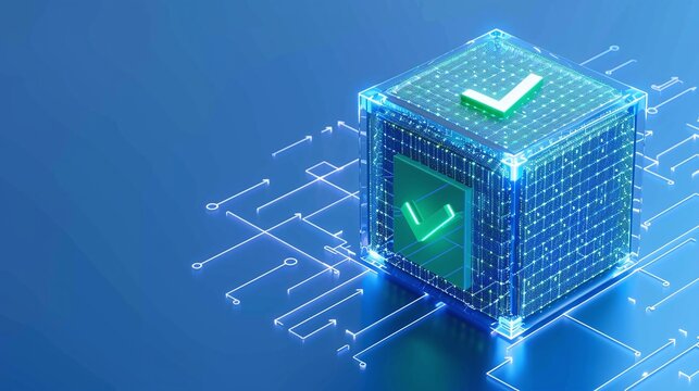 Digital representation of blockchain technology with a glowing cube and green checkmarks, symbolizing verification and security.
