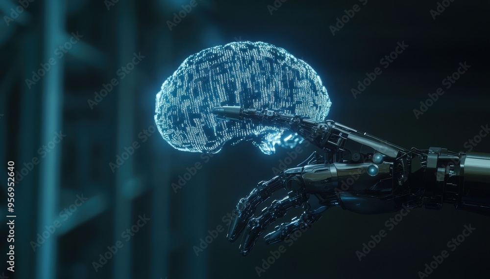Aufkleber futuristic robotic hand projecting digital brain code - ai technology and innovation concept