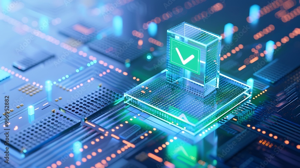 Poster digital security concept with a checkmark on a futuristic circuit board, symbolizing secure technolo