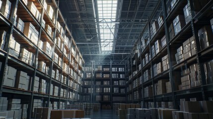 A vast, well-organized warehouse with shelves stacked high with boxes, illuminated by natural light streaming through the skylight above.