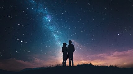 A silhouetted couple stargazing on a hilltop, with a panoramic view of the Milky Way and shooting stars overhead.