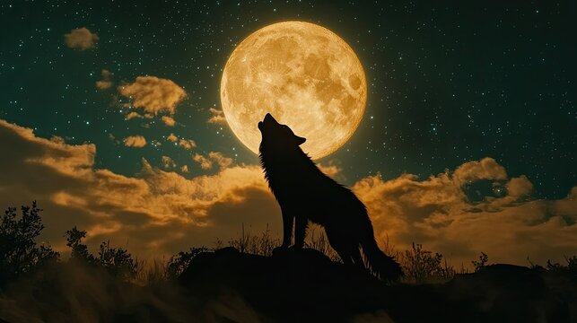 A silhouette of a wolf howling at the full moon under a sky filled with stars and passing clouds.