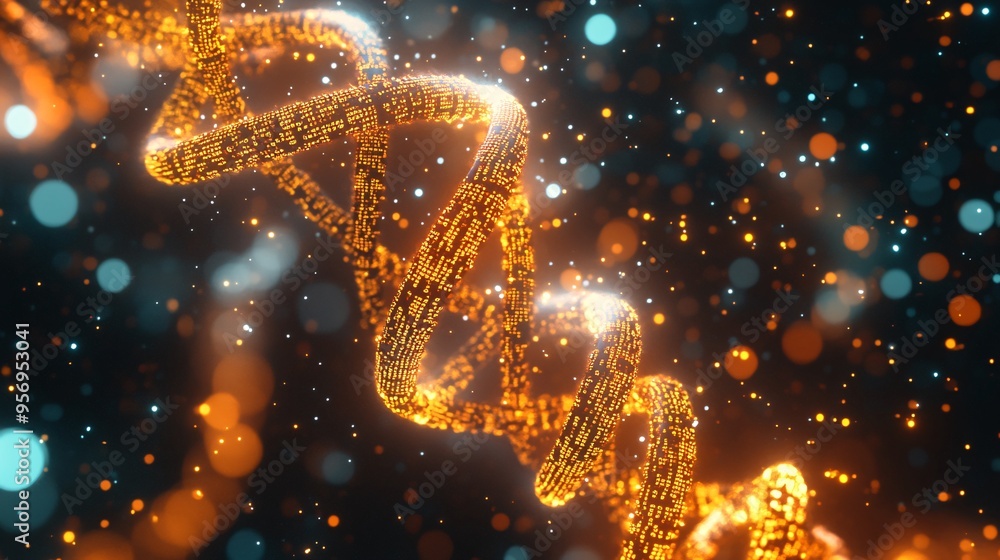 Poster a glowing, abstract representation of a dna double helix, composed of tiny particles, against a dark