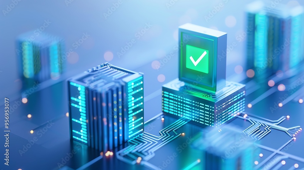 Poster digital security concept with abstract network, electronic check mark, and data blocks for technolog