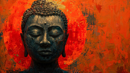 A serene Buddha statue with closed eyes is set against a vibrant abstract orange background ideal for use in meditation, spirituality, art, and wellness projects,
