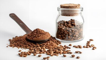 Spoon and glass jar with instant coffee on white background
