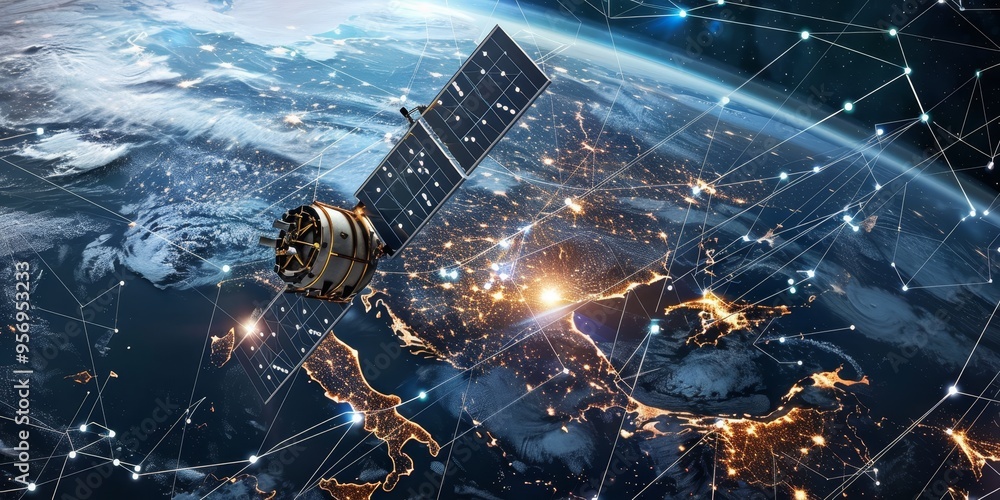 Poster a satellite image of earth with network lines, symbolizing global communication and data exchange