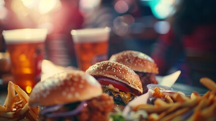 Tempting burgers and fries with frosty pints in the background, exuding an inviting, indulgent dining experience.