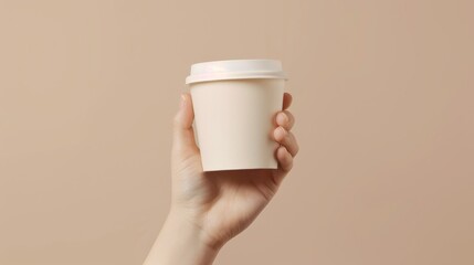 A hand holding a plain takeaway coffee cup against a simple backdrop, highlighting minimalism and modern lifestyle.