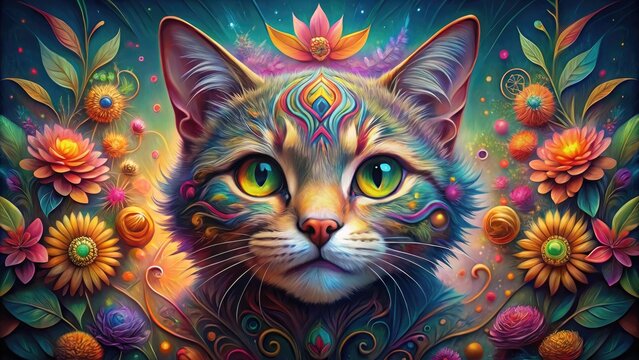 A colorful, whimsical illustration of a smiling cat's face with floral patterns and swirls, blending realistic features with fantastical, dreamlike elements in a vibrant digital artwork.