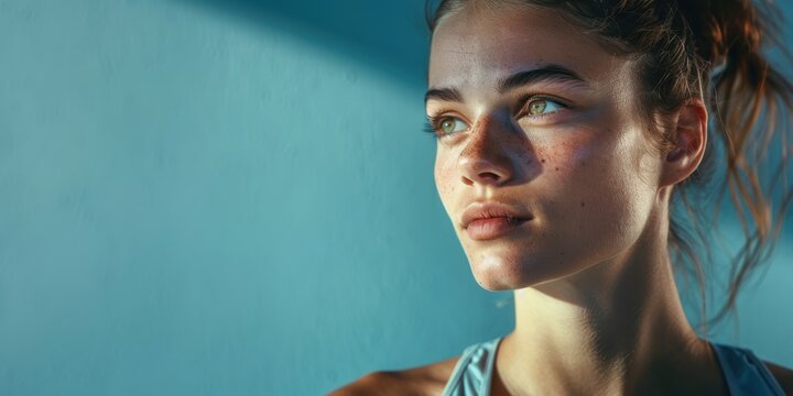 Woman dedicated to fitness and health in a blue studio setting. Emphasizing focus, concentration, and motivation for exercise with a fit and athletic physique