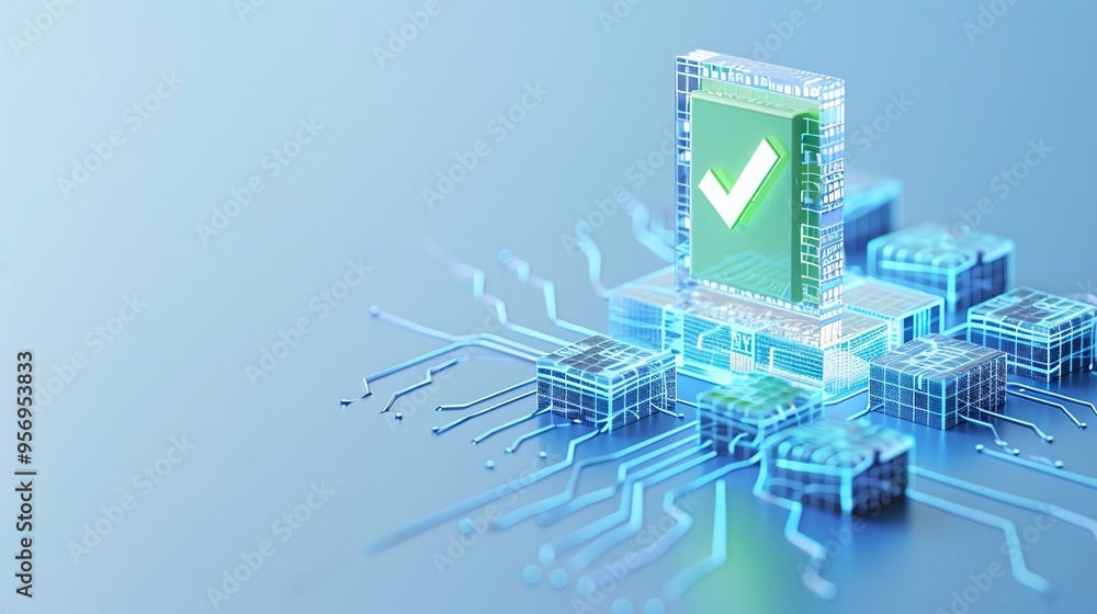 Poster digital verification concept featuring a microchip with a green checkmark, symbolizing technology an