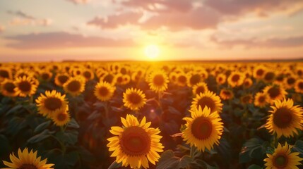 Fototapeta premium Drone Timelapse Capturing the Stunning Transformation of a Sunflower Field at Sunset The Flowers Sway Gently as the Sky Transitions from Bright Oranges and Pinks to Deep Purples and Blues