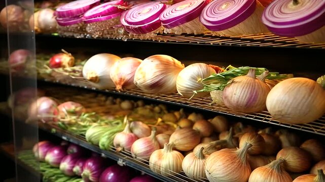 A close-up perspective inside the vegetable dryer captures the intricate process of transforming slices of onions, garlic