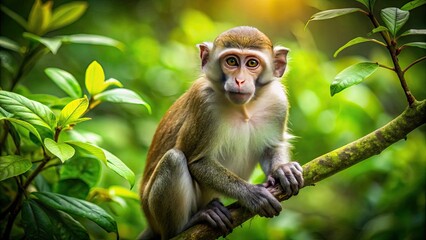 Obraz premium A curious monkey sits on a sturdy branch of a lush, green forest tree, its fur blending seamlessly with the natural surroundings.
