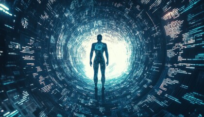 Digital Robotic Vortex - Futuristic Cyborg in Binary Code Environment
