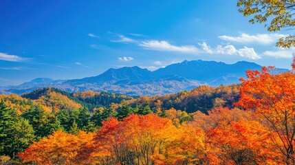 A vibrant autumn landscape with a mountain range in the background, with colorful trees and a clear blue sky.