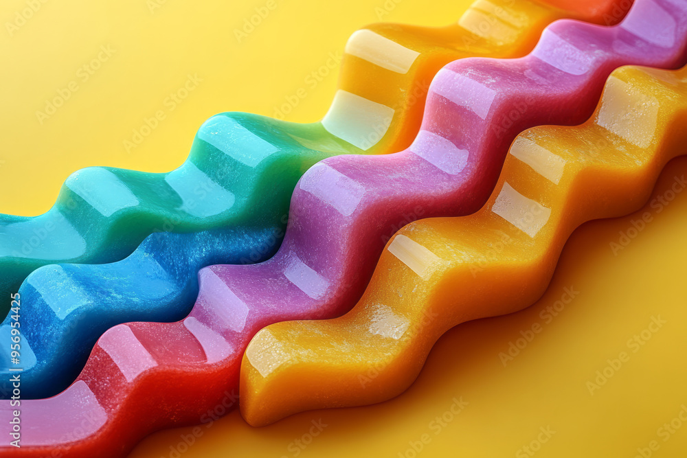 Poster a top-down view of multicolored dominoes forming a wave pattern as they fall, with each tile caught 