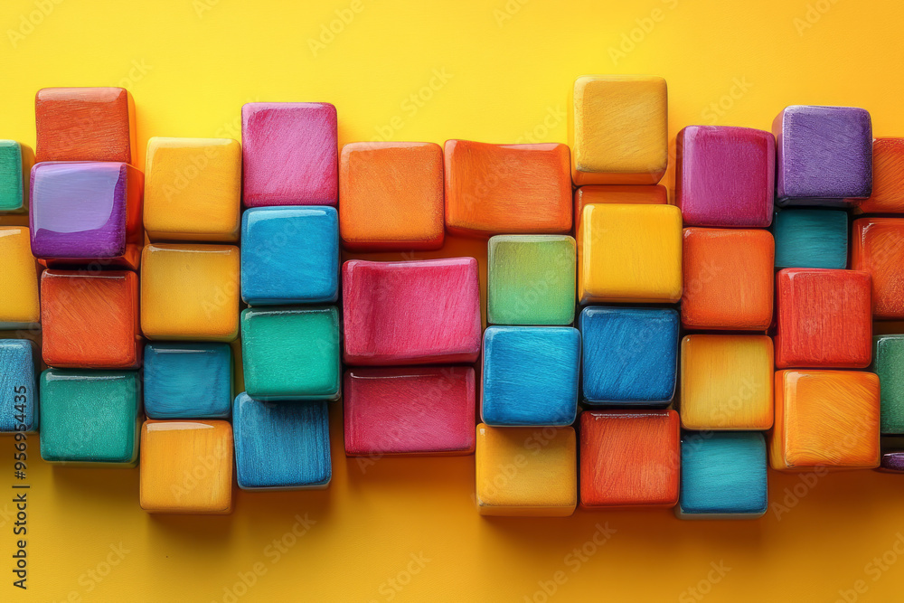Poster a top-down view of multicolored dominoes forming a wave pattern as they fall, with each tile caught 