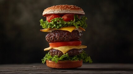 Floating burger layers with a juicy patty lettuce cheese and tomato suspended mid-air
