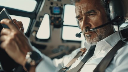 A pilot in a cockpit, intently focused on his tablet, exudes professionalism and readiness, surrounded by the high-tech atmosphere of the flight deck.