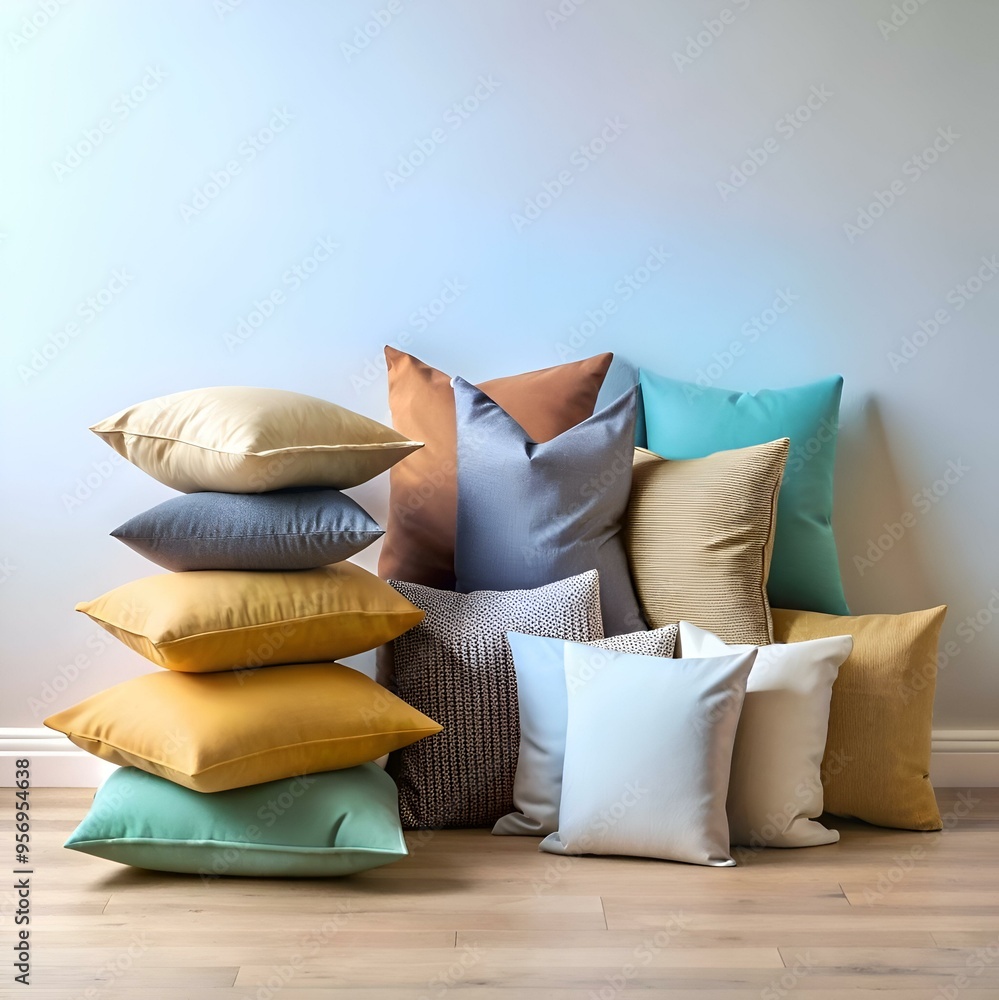 Poster a stack of colorful and cozy pillows in various textures and shades perfect for adding a touch of wa