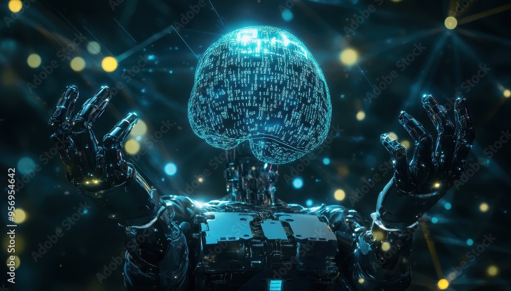 Poster futuristic robot displaying holographic binary brain