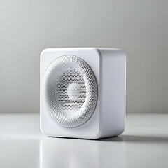 A sleek. compact white speaker with a textured speaker grill. perfect for adding audio to any space.
