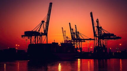 Obraz premium Silhouetted container ship and cranes at an industrial port during sunset. Focuses on the dusk atmosphere and busy nature of cargo handling operations