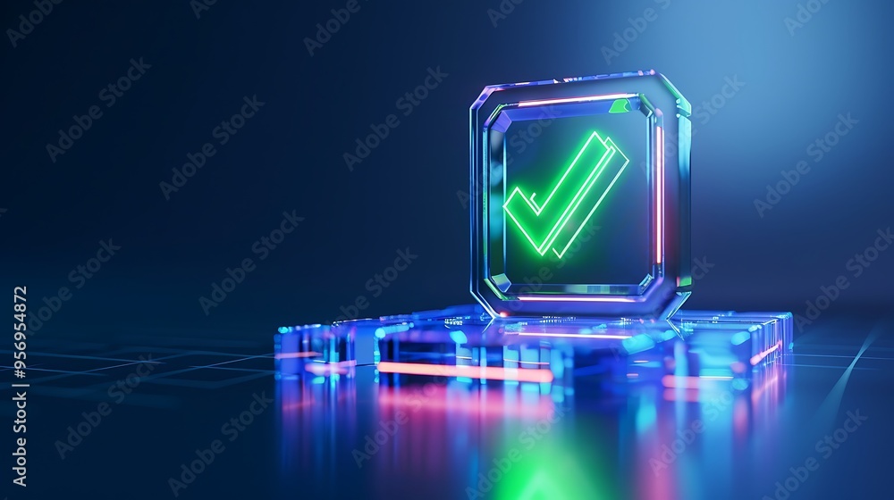 Poster futuristic 3d rendering of a neon check mark icon in a transparent frame, symbolizing digital approv