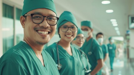 A lineup of smiling medical staff in green scrubs, showcasing the spirit of teamwork and dedication in healthcare.