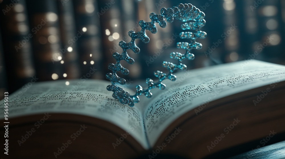 Aufkleber a dna molecule in the shape of a heart hovers above a open book with a blurred bookshelf in the back