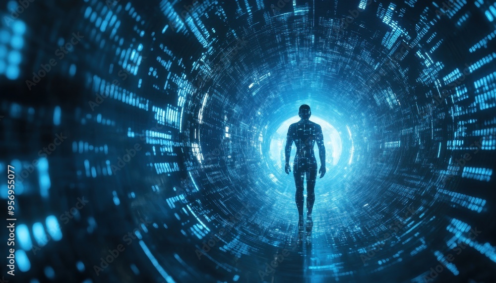 Poster digital wanderer - robotic figure amid swirling binary code in abstract cyber space