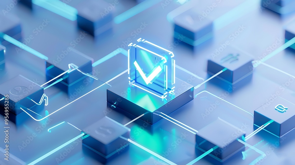 Poster futuristic blockchain concept with a glowing checkmark icon representing digital verification and da