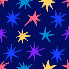 Obraz premium Abstract geometric colored shape seamless pattern with colored star. Seamless vintage texture cartoon background, simple random shapes in bright party colors. Vector illustration