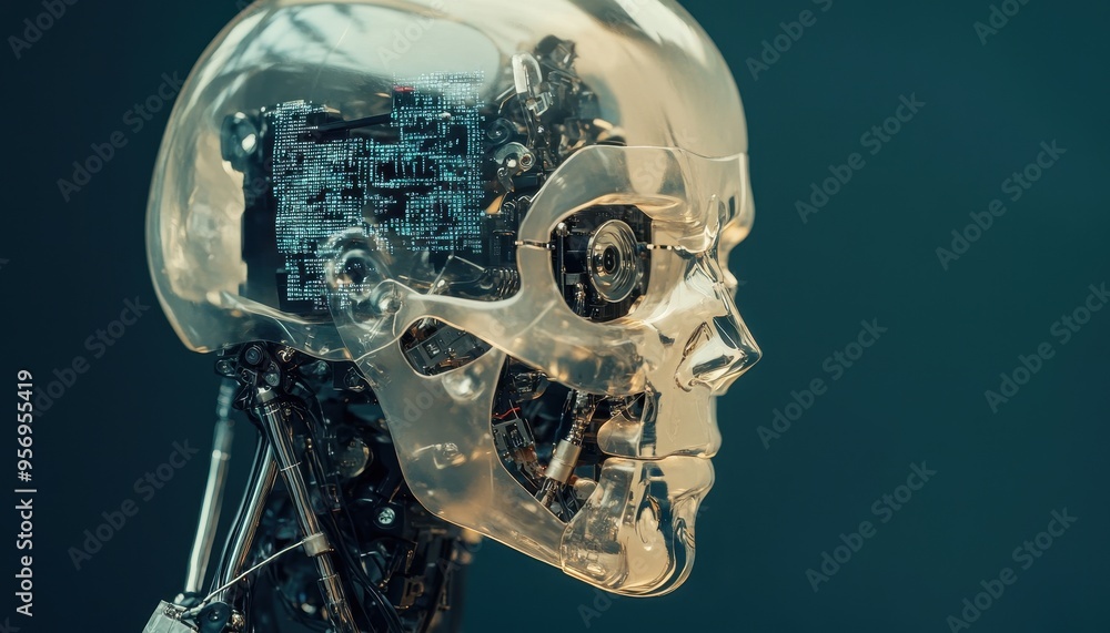 Poster futuristic humanoid robot with transparent skull revealing digital circuits and code inside