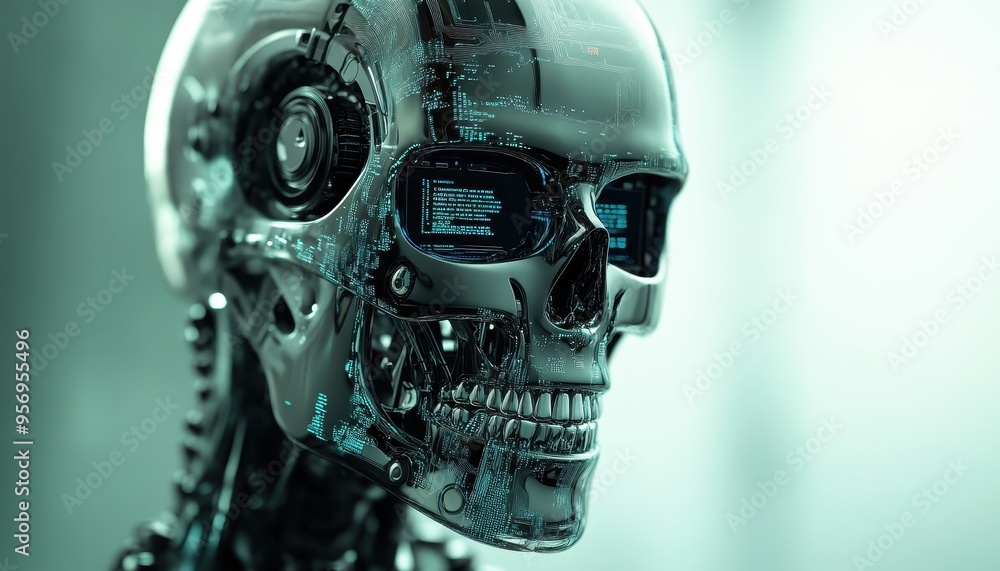 Poster futuristic humanoid robot with transparent skull revealing digital circuits and coding inside