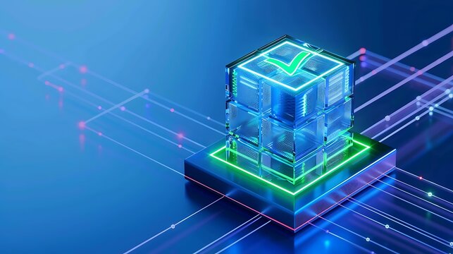 Futuristic blockchain technology concept with a glowing cube and digital circuit. Representation of decentralized data transaction and digital security.
