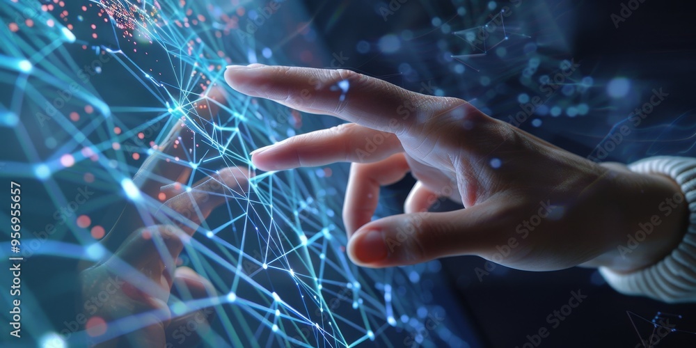 Poster A close-up of a hand using a touchscreen with a double exposure of network patterns, illustrating digital interaction