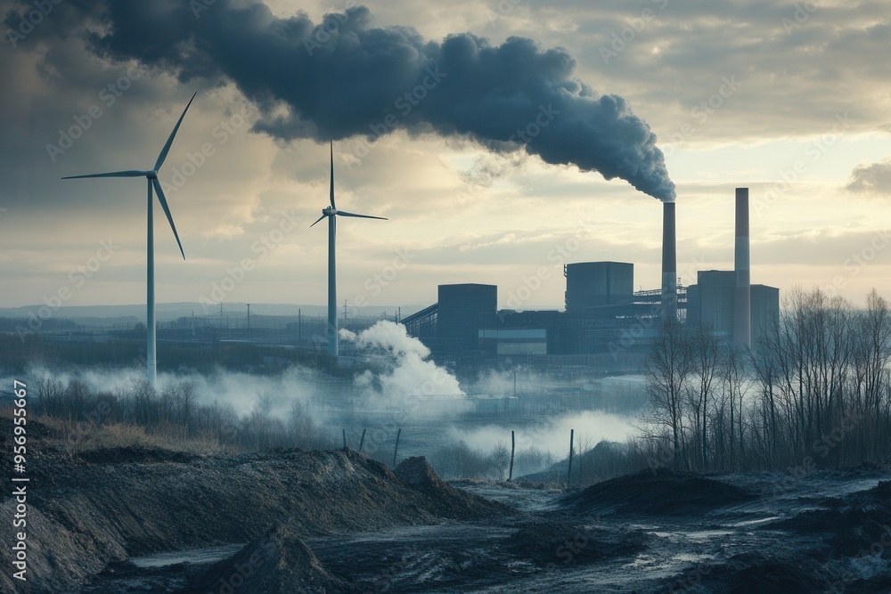 Poster old factories emit smoke while wind turbines symbolize the shift to renewable energy, marking a sign
