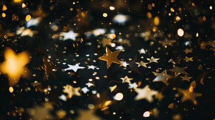 Golden stars and sparkles float in a dreamy, dark background, creating a magical, celestial atmosphere reminiscent of a night sky.