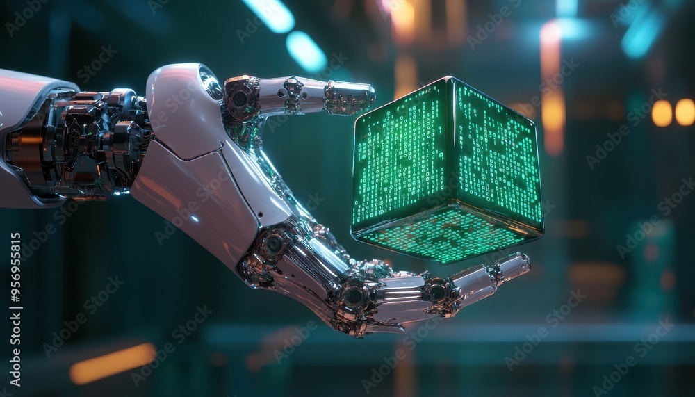 Poster future technology concept: robotic hand with holographic binary code cube representing ai innovation